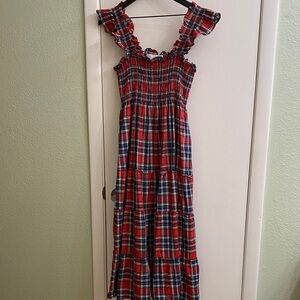 Hill House Red and Navy Plaid Smocked Midi Nap Dress